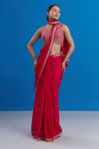 Rani Pink Crepe Saree with Butti Work And Stitched Blouse