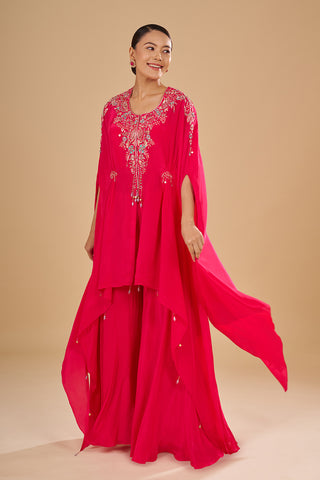Rani Pink Embroidered Cape Sharara Set with Thread Embroidery