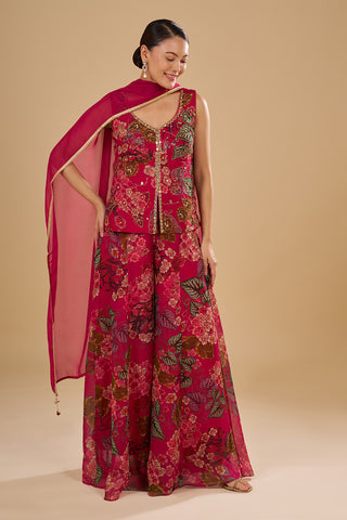Rani Pink Floral Printed Crop Top Set with Cut Dana and Mirror Work