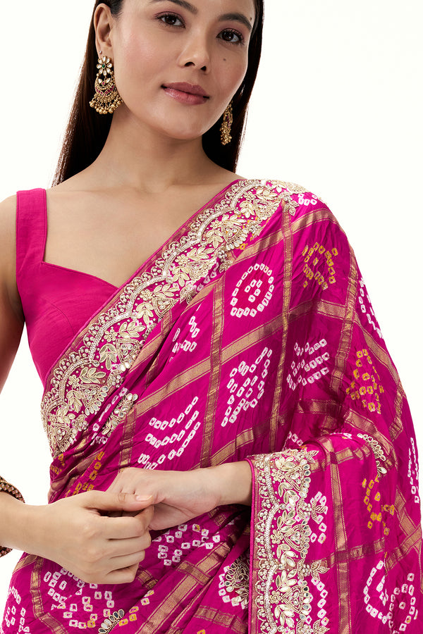 Rani Pink Pure Bandhani Saree with Zardosi Work