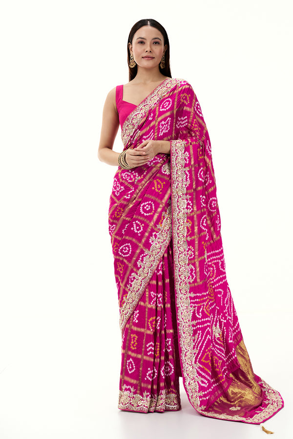 Rani Pink Pure Bandhani Saree with Zardosi Work