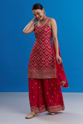 Rani Pink Pure Chiffon Set with Geometric Embroidery