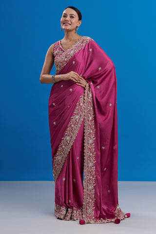 Rani Pink Pure Satin Saree with Zari Work And Stitched Blouse