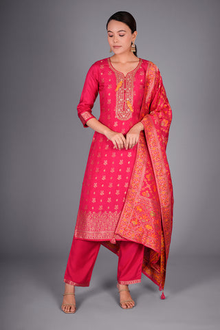 Rani Pink Pure Silk Banarasi Kurta Set with Resham and Dabka Embroidery