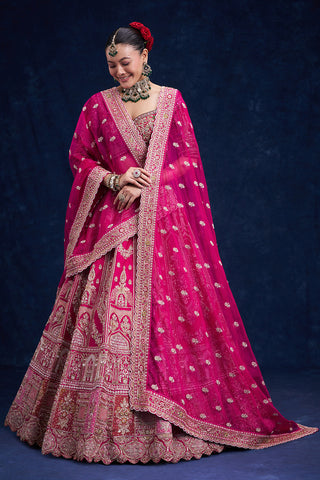 Rani Pink Raw Silk Bridal Lehenga with Cutdana and Resham Work