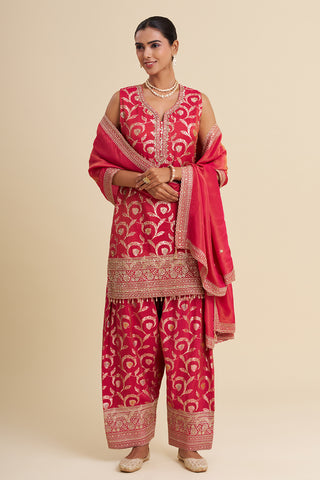 Rani Pink Shimmer Tissue Kurta Set with Zari Embroidery
