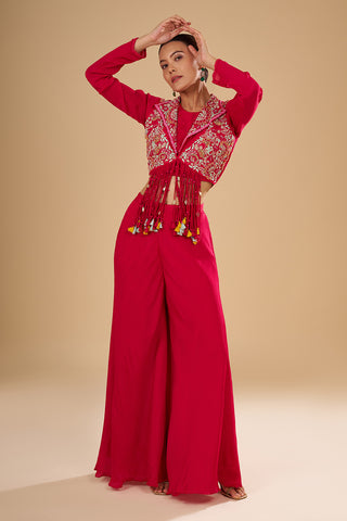Rani Pink Short Jacket Bustier Set with Kashmiri Resham Embroidery