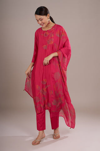 Rani Pink Silk Blend Straight Kurta Set with Resham Work