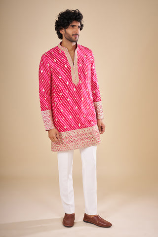 Rani Pink Silk Leheriya Kurta Set with Gota Patti Work