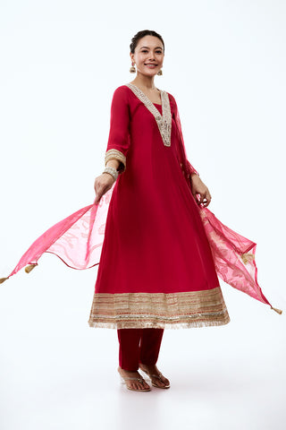 Rani Pink Soft Silk Anarkali-Style Kurta Set with Mirror Work