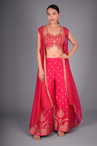 Rani Pink Suit with Embroidered Bustier and Leheriya Cape