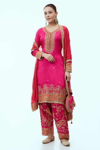 Rani Pink Tissue Kurta Set with Zari Embroidery and Red Dupatta