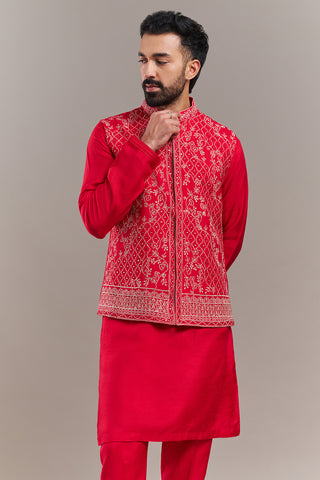Red Art Silk Floral Work Men's Kurta with Jacket
