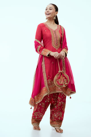 Red Art Silk Kurta Set with Zari Embroidery and Pink Dupatta