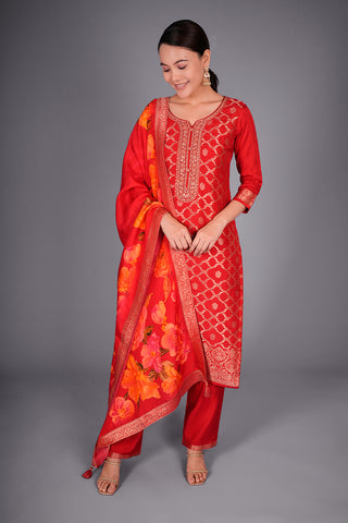 Red Banarasi Kurta Set with Floral Dupatta