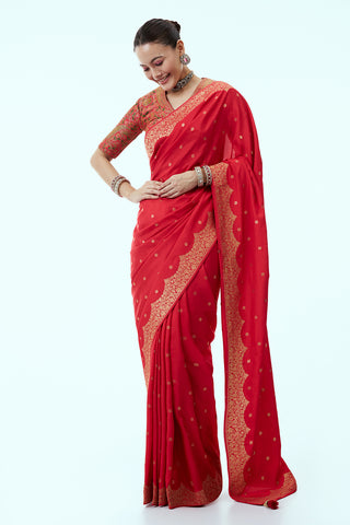 Red Banarasi Silk Saree with Zari Butti Work and Ready Made Blouse