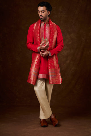 Red Brocade Silk Men's Kurta Set with Resham Work