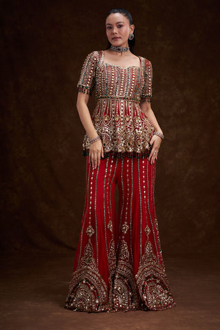 Red Net Bridal Indo-Western Set with Studded Gems and Foil Embellishments