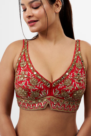 Red Raw Silk Blouse with Cutdana Work