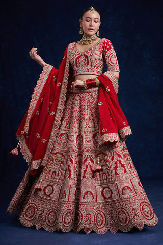 Red Raw Silk Bridal Lehenga with Cutdana and French Knot Work
