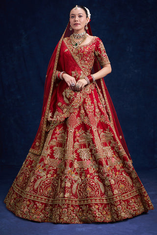 Red Raw Silk Bridal Lehenga with Cutdana and Sequin Details