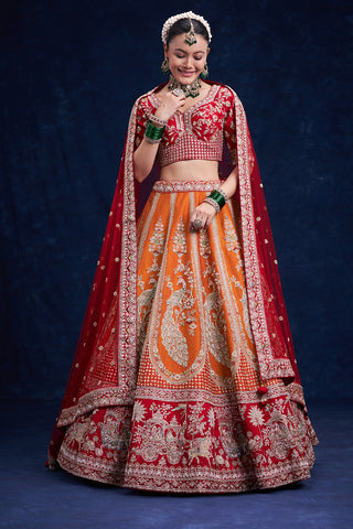 Red and Orange Raw Silk Bridal Lehenga with Cutdana Work