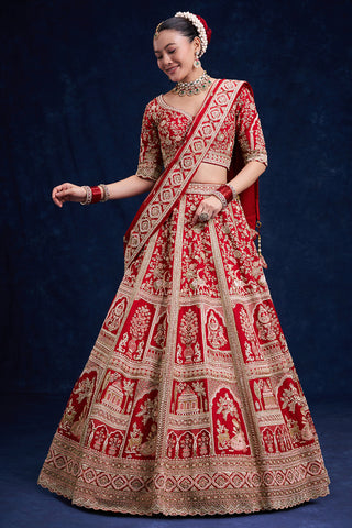 Red Raw Silk Bridal Lehenga with Heritage Motif Details