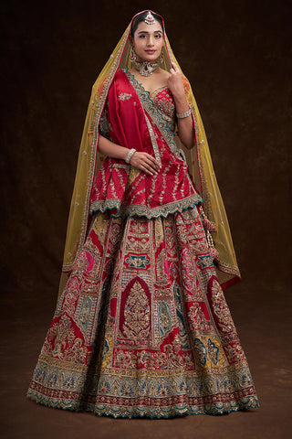 Red Raw Silk Bridal Lehenga with Multi-colour Zardozi Heritage Embroidery