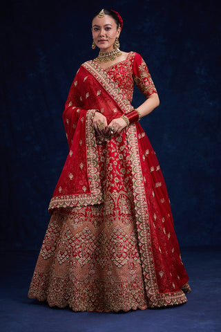 Red Raw Silk Bridal Lehenga with Pearl and Cutdana Work