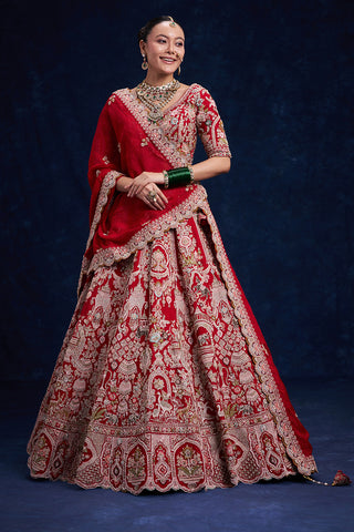 Red Raw Silk Bridal Lehenga with Pearl and French Knot Work