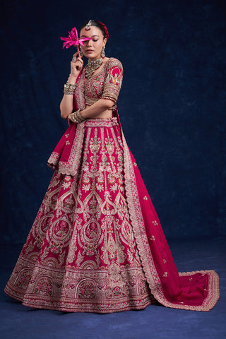 Red Raw Silk Bridal Lehenga with Pearl Cutdana and Resham Work