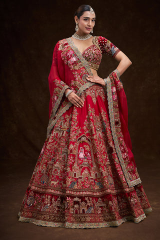 Red Raw Silk Bridal Lehenga with Royal Garden Zardozi Work and Velvet Blouse