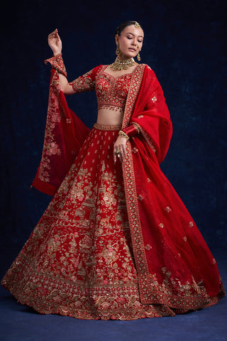 Red Raw Silk Bridal Lehenga with Sequins and Resham Work