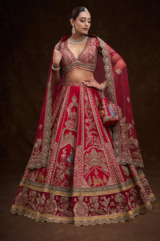 Red Raw Silk Bridal Lehenga with Zardozi Heritage Motifs