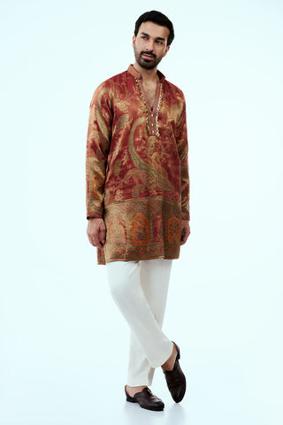 Red Shimmer Silk Mens Kurta Set with Traditional Intricate Handiwork