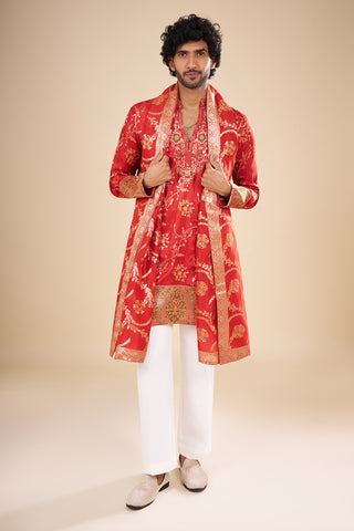Red Silk Kurta Set with Zari Embroidery