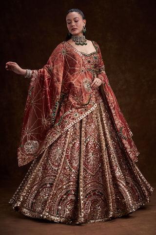 Red Tissue Silk Bridal Lehenga with Stone, Sequin, and Bead Work
