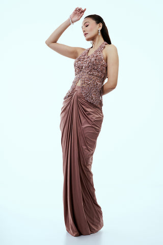 Rose Gold Net and Lycra Peplum Dhoti Set with Cutdana Moti and Sequins