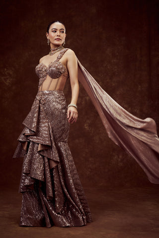 Copper Sequin Indo-Western Mermaid Gown with 3D Flower Work