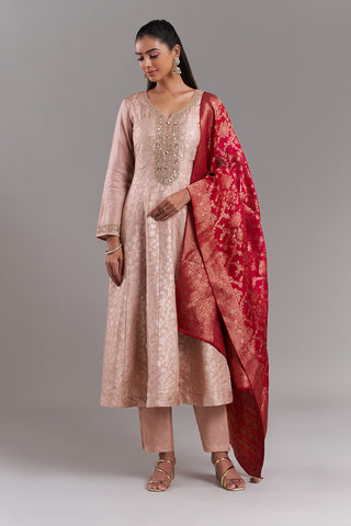 Rose Gold Tissue Anarkali Suit with Contrast Brocade Dupatta