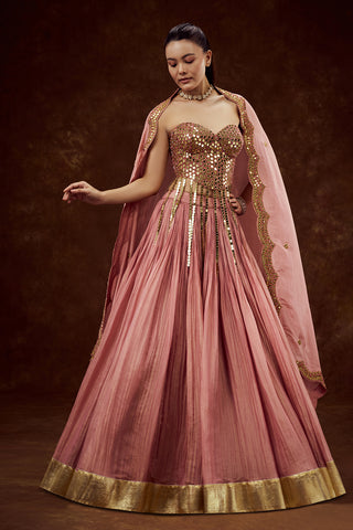 Rose Pink Tissue Lehenga with Mirror and Sequin Work
