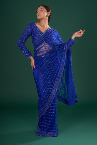 Royal Blue Net Saree with Cutdana Embroidery and Stitched Blouse
