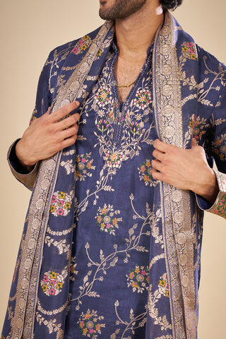 Royal Blue Silk Floral Kurta Set