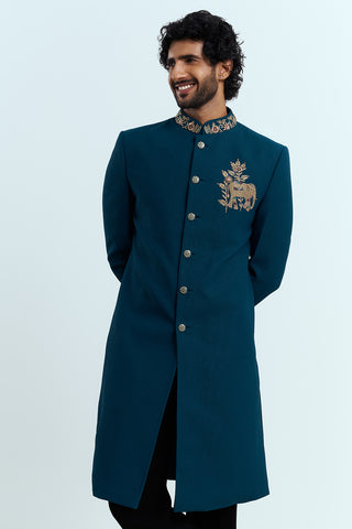 Royal Teal Embroidered Indo-Western Sherwani Set