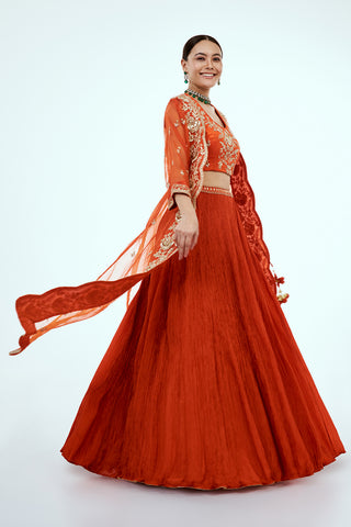 Rust Art Silk Layered Suit Set with Zardosi Work