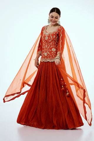 Rust Art Silk Skirt Set with Zardosi Work