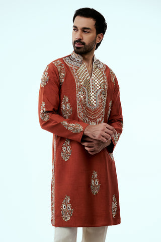 Rust Chanderi Silk Mens Kurta Set with Mirror and Zardosi Handwork