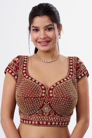 Rust Maroon Raw Silk Blouse with Cutdana Work