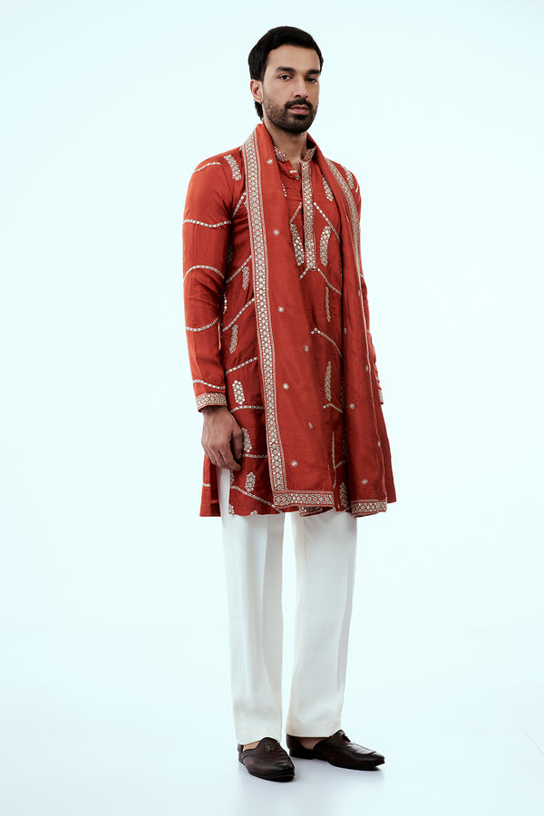 Rust Art Silk Mens Kurta Set with Mirror Work and Embroidered Dupatta