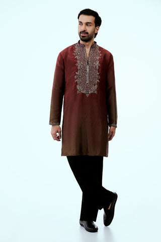 Rust Ombre Tissue Organza Mens Kurta Set with Metal and Zari Work